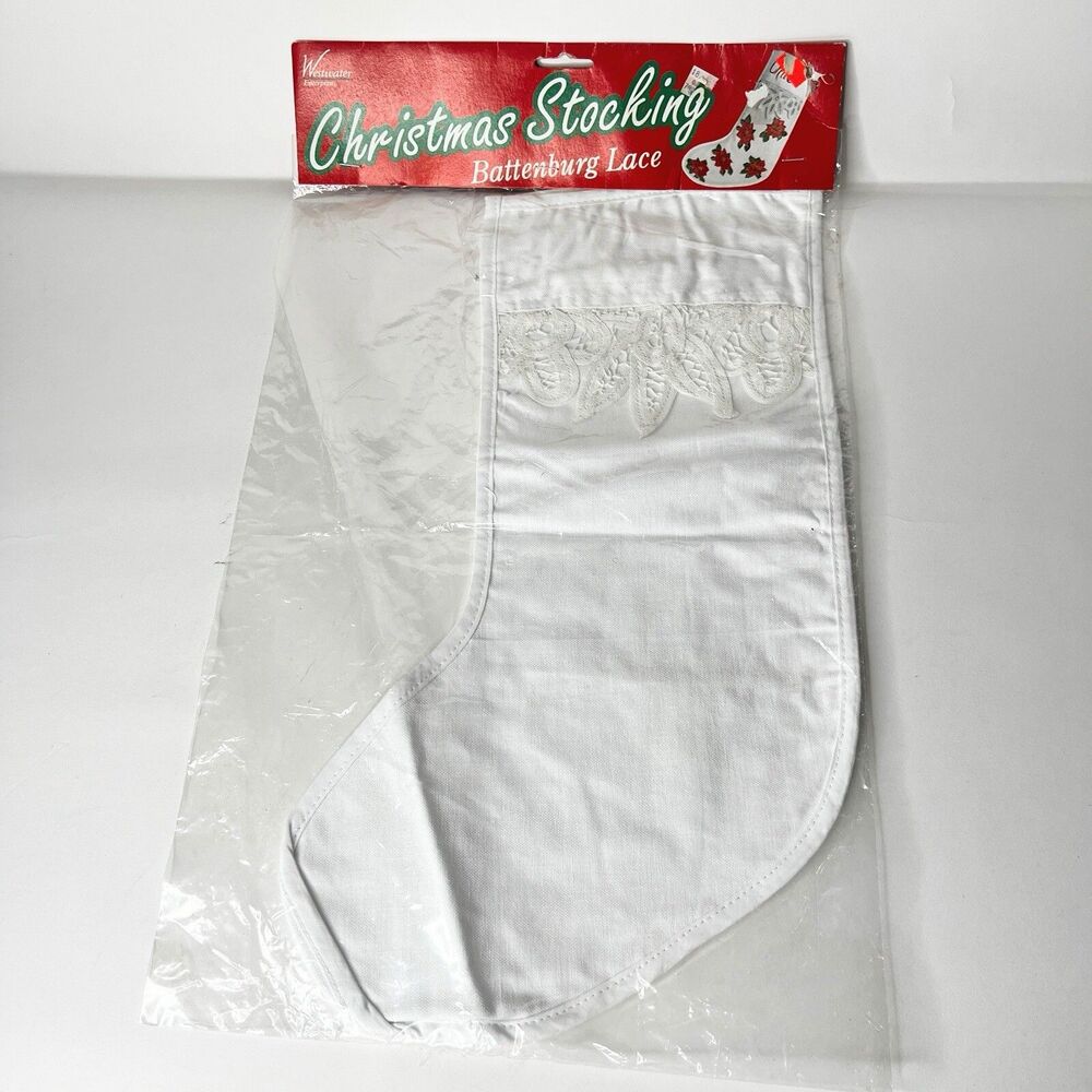 Christmas Stocking Battenburg Lace Cotton White Blank DIY Craft Needlepoint